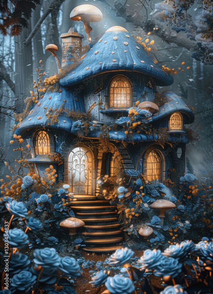 Obraz premium Enchanted Fairy Tale House with Mushrooms and Blue Roses