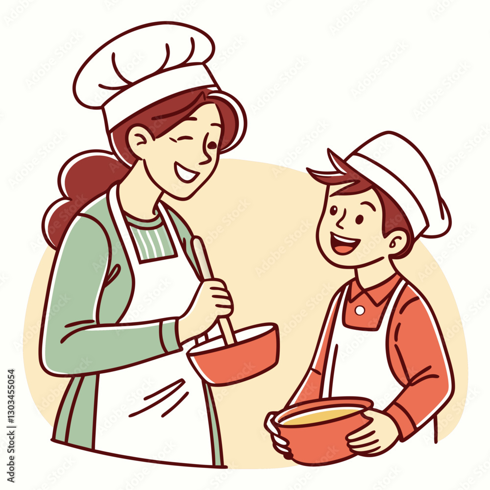 Smiling and happy female chef and male chef. Woman chef and male chef is cooking. Hand drawn vector illustration Smiling and happy female chef and male chef. Woman chef and male chef is cooking. Hand drawn vector illustration