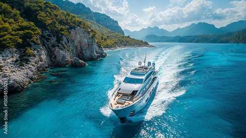 Luxury yacht cruising turquoise waters, scenic coastline.