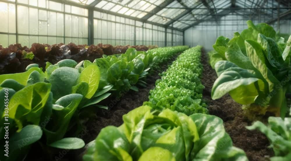 Rows of vibrant green lettuce thriving in a greenhouse environment, showcasing sustainable farming practices and fresh organic produce cultivation Rows of vibrant green lettuce thriving in a greenhouse environment, showcasing sustainable farming practices and fresh organic produce cultivation