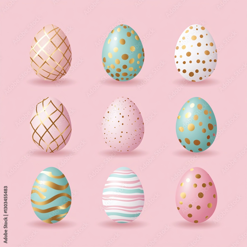 Luxury Easter eggs on pastel pink podiums, decorated with gold, white, and metallic textures, stylish holiday decoration, minimal design Luxury Easter eggs on pastel pink podiums, decorated with gold, white, and metallic textures, stylish holiday decoration, minimal design