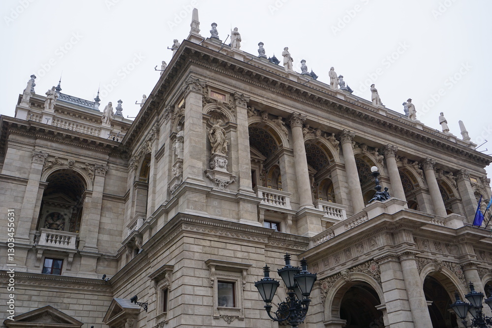 Side view of the ornate exterior facade of the landmark Budapest Opera House, Budapest, Hungary Side view of the ornate exterior facade of the landmark Budapest Opera House, Budapest, Hungary