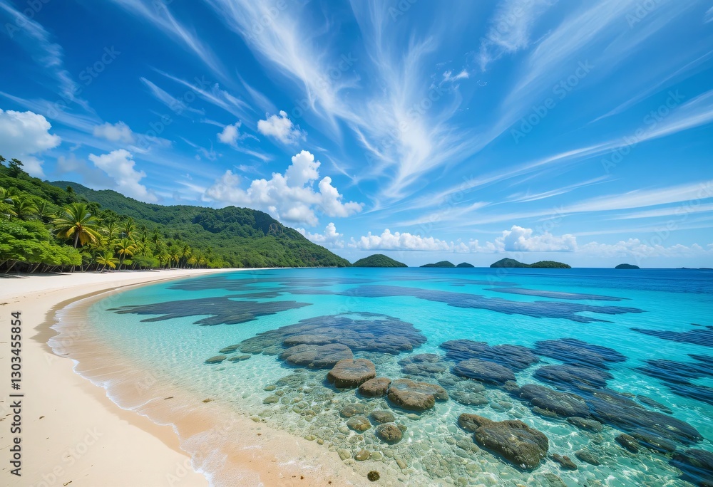 Obraz premium Tropical Beach Paradise. Azure Waters Meet Soft Sand Beaches. Green Mountains Rise. A Perfect Serene Vacation Getaway. Sunlight Dances Creating A Tranquil Tropical Dream.