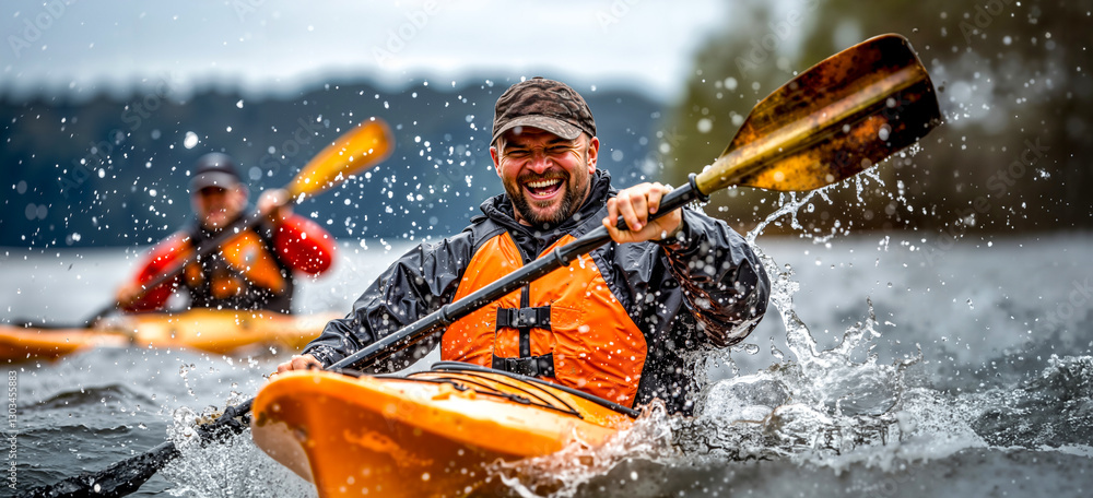Fototapeta premium A man in an orange kayak paddling through a river in the rain