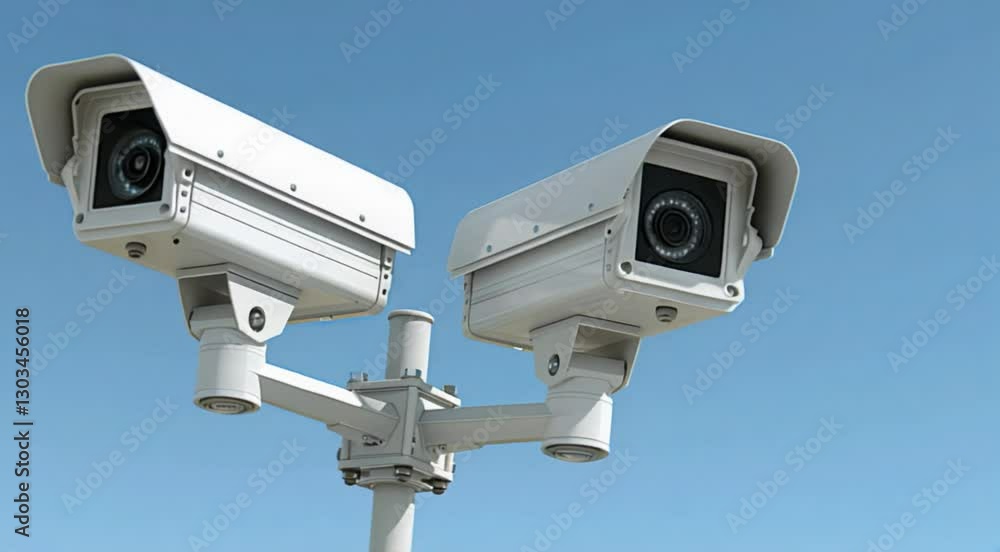 Two white security cameras installed on a pole, monitoring surroundings under a clear blue sky, symbolizing surveillance and safety Two white security cameras installed on a pole, monitoring surroundings under a clear blue sky, symbolizing surveillance and safety