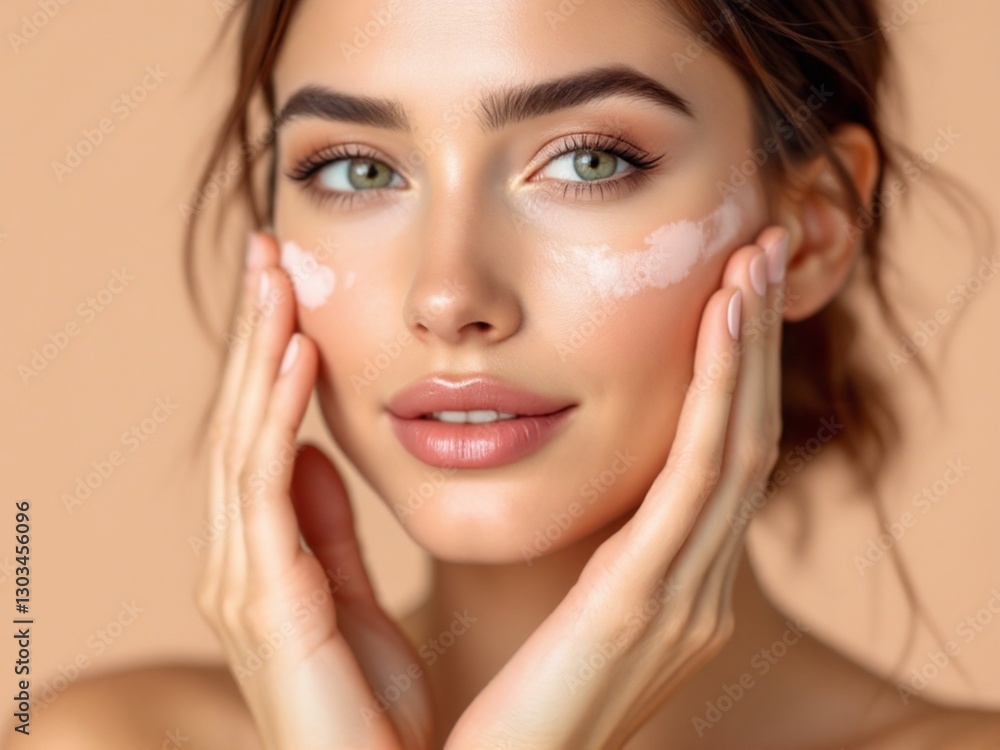 A young woman with beautiful, flawless skin who has cream applied on her face, suggesting that she might be involved in skincare or testing cosmetic products. A young woman with beautiful, flawless skin who has cream applied on her face, suggesting that she might be involved in skincare or testing cosmetic products.