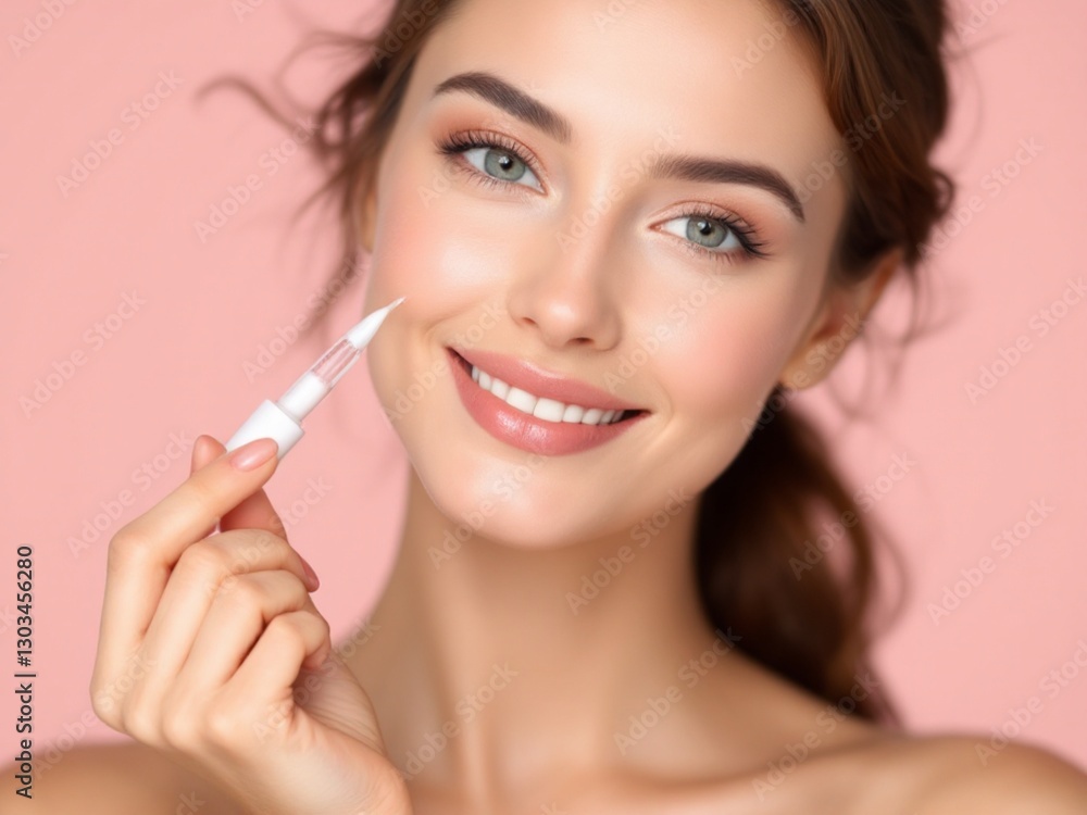 A young woman with beautiful, flawless skin holding a pipette, which suggests she may be involved in skincare or testing cosmetic products. A young woman with beautiful, flawless skin holding a pipette, which suggests she may be involved in skincare or testing cosmetic products.