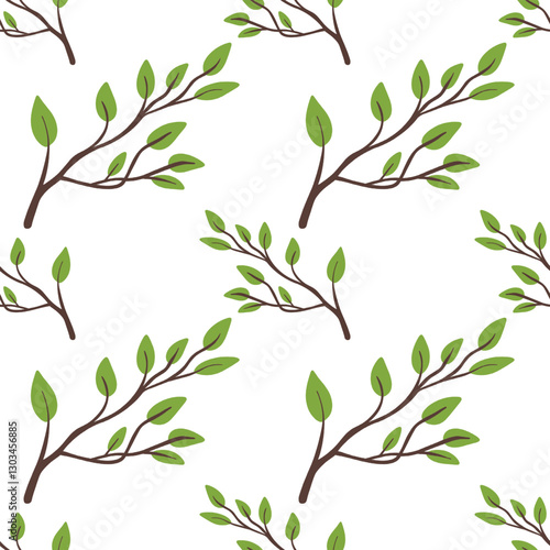 Wallpaper Mural Seamless botanical vector pattern featuring hand-drawn tree branches with green leaves on a white background Torontodigital.ca