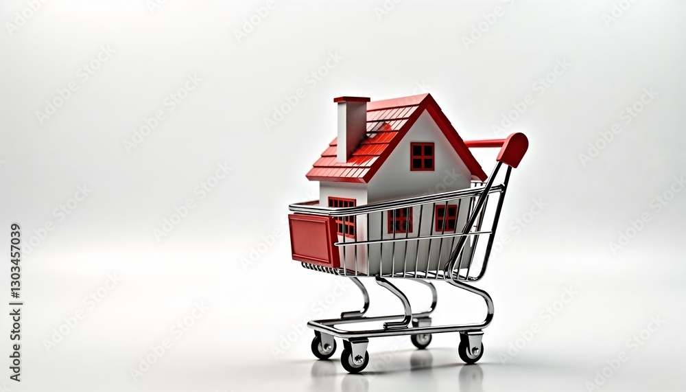 House model in a miniature shopping cart, real estate investment concept, small house inside shopping cart with bright lighting on isolated white background House model in a miniature shopping cart, real estate investment concept, small house inside shopping cart with bright lighting on isolated white background