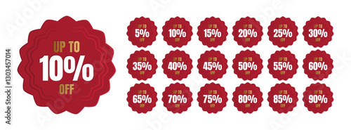 Set of red flower shaped discount tags with gradient. Words in gold. Up to 5, 10, 15, 20, 25, 30, 35, 40, 45, 50, 55, 60, 65, 70, 75, 80, 85, 90 percent off.