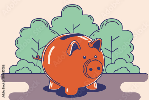 Red Piggy Bank Standing Outdoors On A Path With Green Trees, Symbolizing Financial Savings, Budgeting, And Economic Stability. Ideal For Banking, Investment, And Money-Saving Concepts