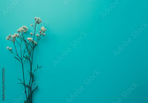 Photo of a few flowers on the left side, solid turquoise background, flat lay. Web banner with copy space on the right