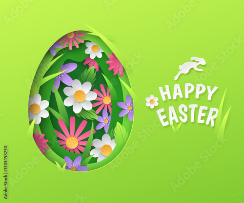 Cute holiday banner with paper cut-out layers of egg shape filled with colourful, realistic 3D flowers. Festive vector greeting card with a bunny and a "Happy Easter" greeting on a green background.