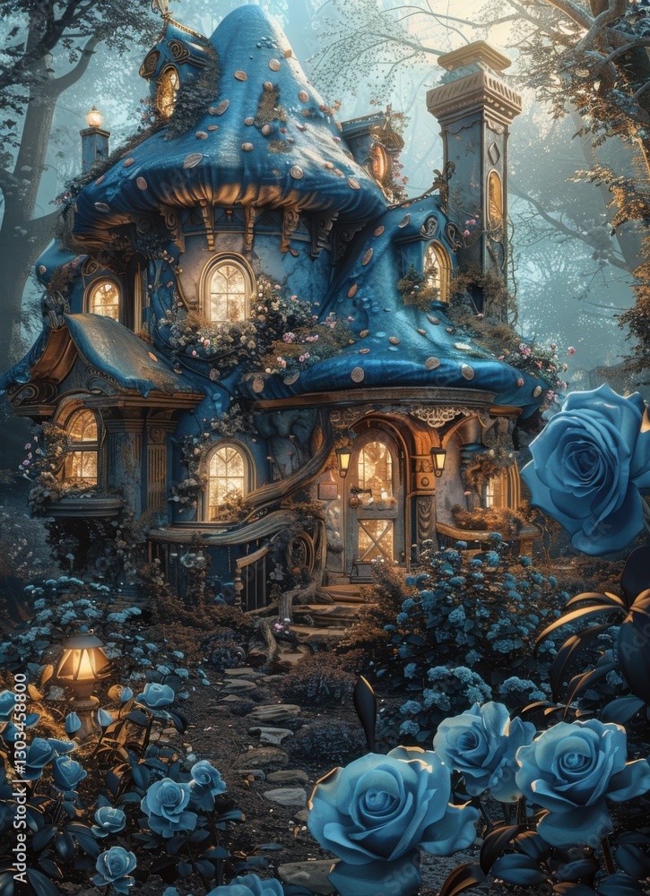 Fototapeta premium Enchanted Fairy Tale Cottage Surrounded by Blooming Blue Roses