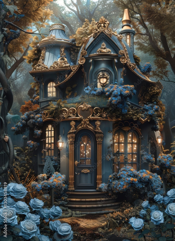 Fototapeta premium Enchanted Blue Cottage Surrounded by Lush Floral Garden Scenery