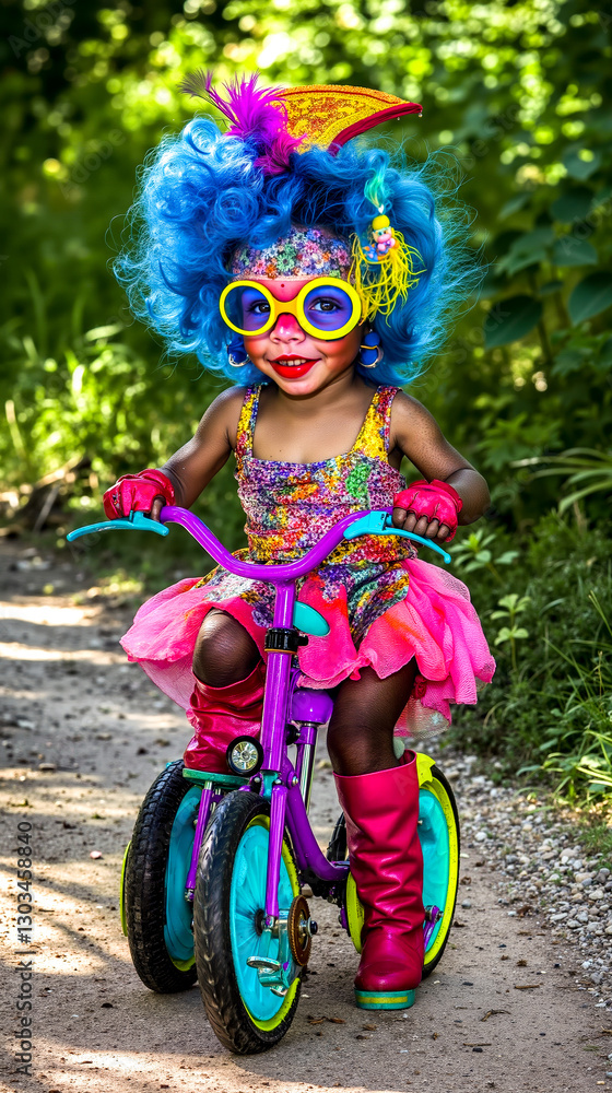 Fototapeta premium A little girl in a colorful costume riding a bike