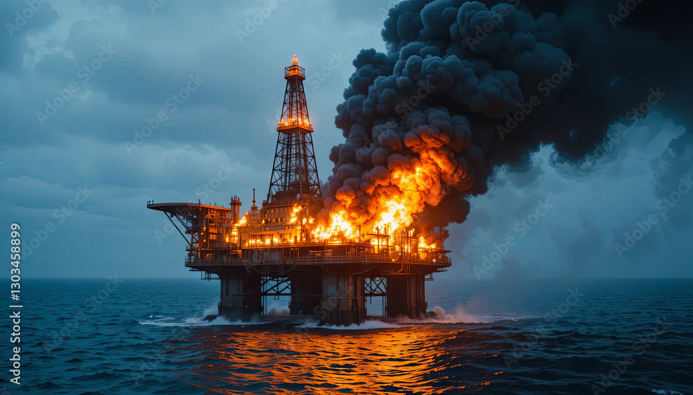 Obraz premium An offshore oil rig is engulfed in flames and thick black smoke amidst turbulent seas and dark storm clouds, prompting immediate emergency operations and fears of an environmental disaster