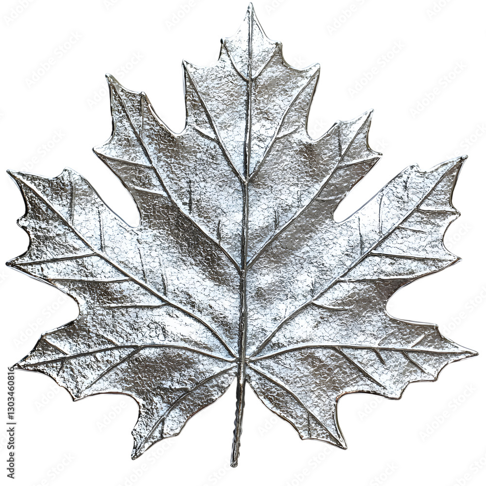 Fototapeta premium A highly detailed silver-colored maple leaf with a metallic texture, resembling a frozen leaf covered in frost