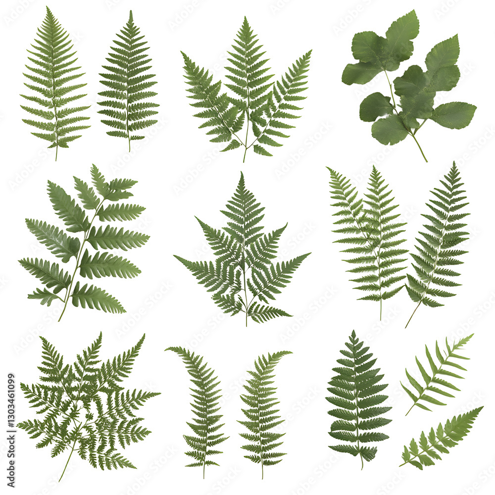 Obraz premium a collection of various leaves and fern fronds on a clean background, showcasing their intricate details and natural beauty