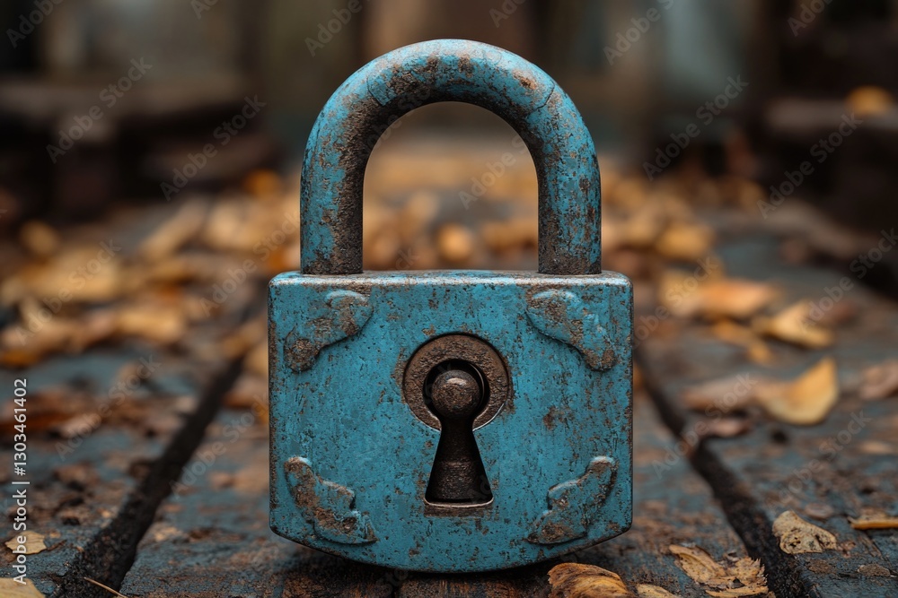 A small blue padlock sitting on a wooden floor, can be used for decorative or illustration purposes A small blue padlock sitting on a wooden floor, can be used for decorative or illustration purposes