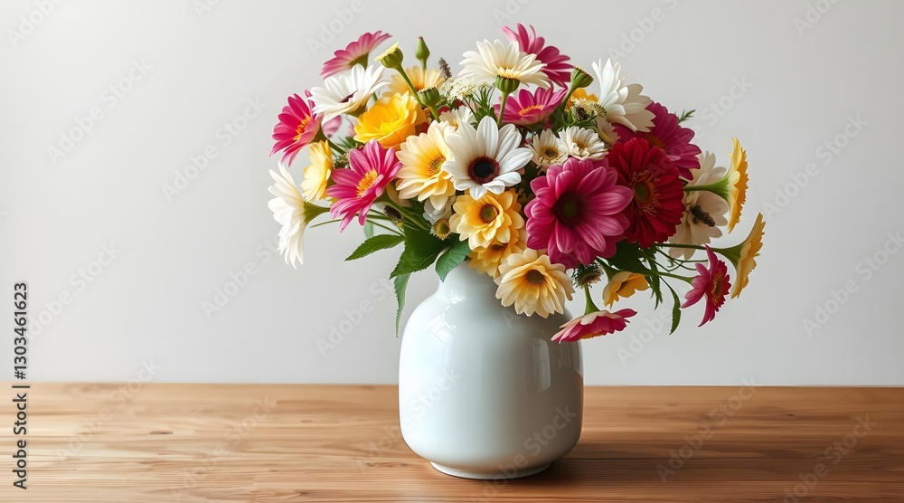 custom made wallpaper toronto digitalA colorful flower bouquet featuring daisies and vibrant blooms in a glass vase creates a cheerful centerpiece, enhancing the warm ambiance of a cozy interior setting.