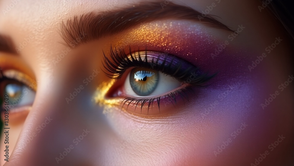 Ultra-Realistic Close-Up of a Beautiful Female Eye with Glamorous Gold and Purple Eyeshadow, Long Lashes, and Stunning Light Reflections – High-Resolution Beauty Photography with Cinematic Lighting Ultra-Realistic Close-Up of a Beautiful Female Eye with Glamorous Gold and Purple Eyeshadow, Long Lashes, and Stunning Light Reflections – High-Resolution Beauty Photography with Cinematic Lighting