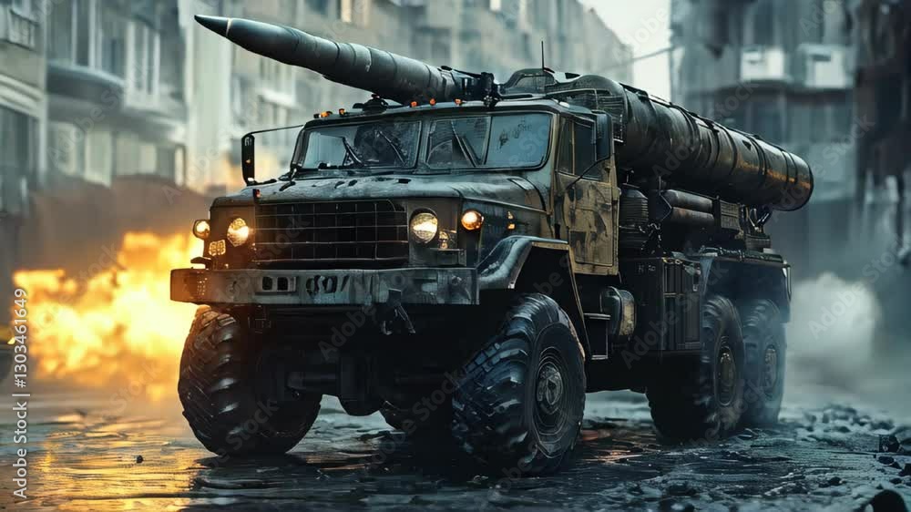 video of Armored military truck with a mounted missile launcher ...