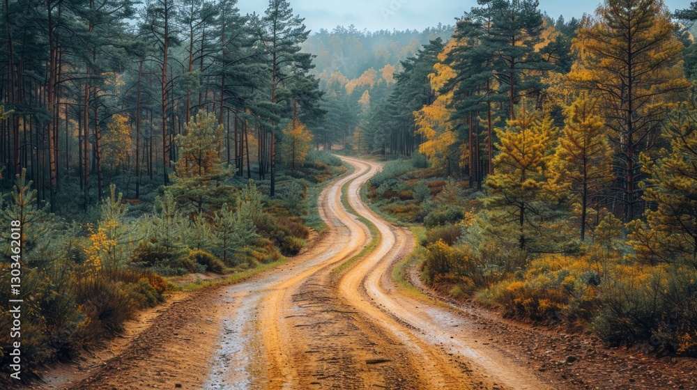 Winding dirt road through autumn forest in misty rain Winding dirt road through autumn forest in misty rain