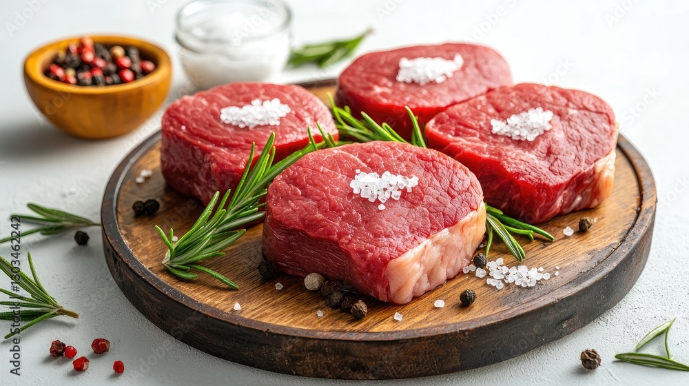 Fresh raw beef steaks arranged on a light background, garnished with rosemary sprigs and sea salt. Fresh raw beef steaks arranged on a light background, garnished with rosemary sprigs and sea salt.