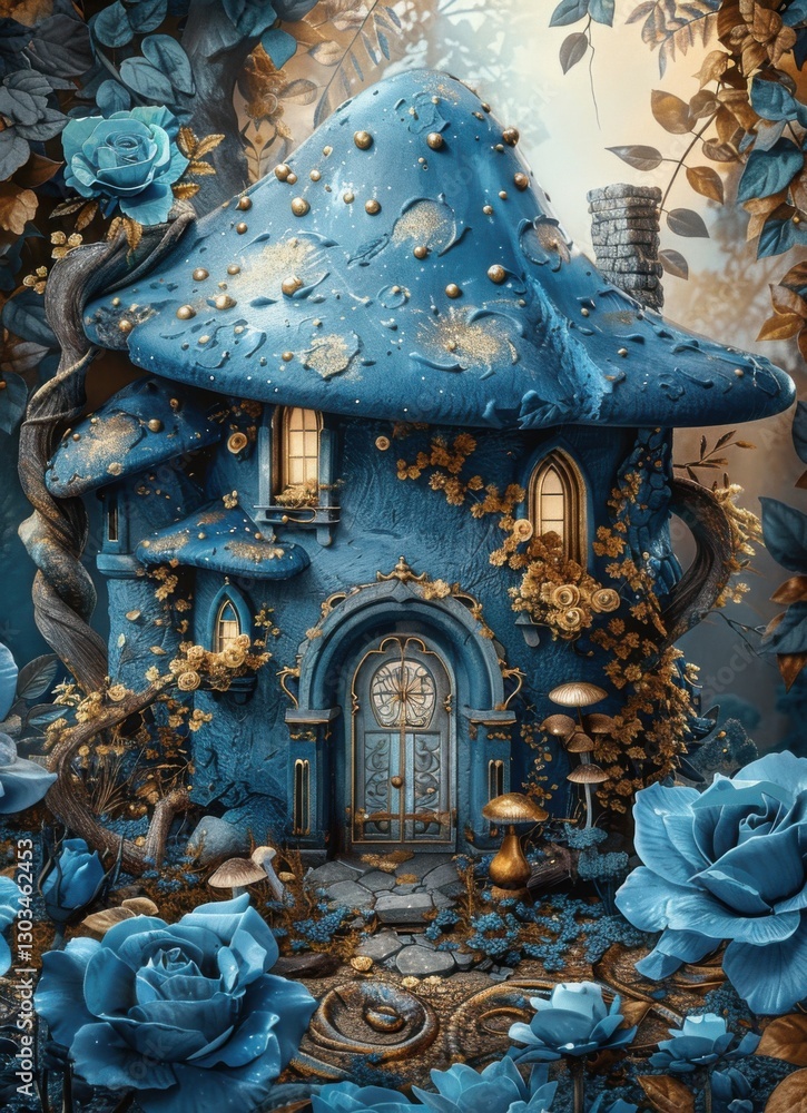 Obraz premium Enchanted Blue Mushroom Cottage Surrounded by Flowers and Nature