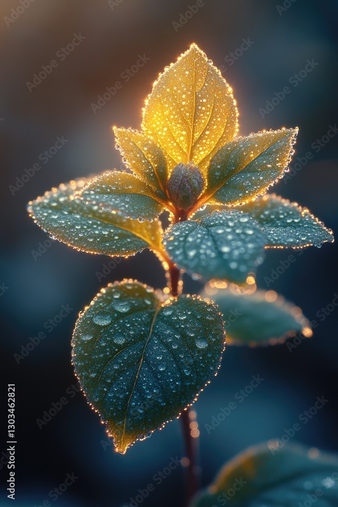 A close-up shot of a plant with water droplets glistening on its leaves A close-up shot of a plant with water droplets glistening on its leaves