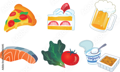 体に悪い食べ物、良い食べ物のベクターイラストセット