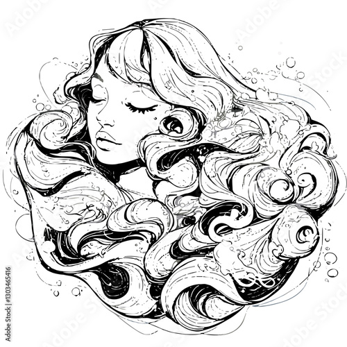 Dreamy face tattoo design featuring flowing hair and soft facial features in black-and-white style