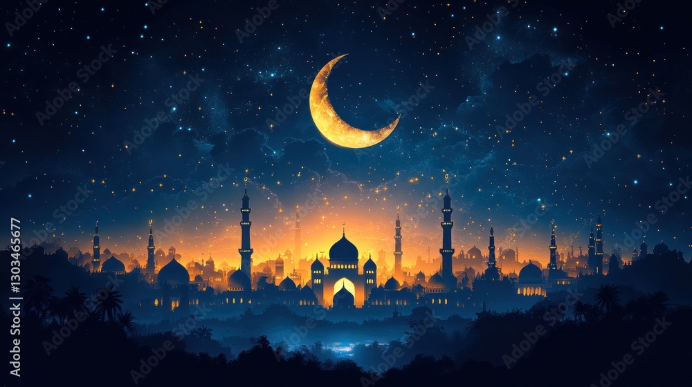 Fototapeta premium Night Cityscape Under Crescent Moon and Starry Sky