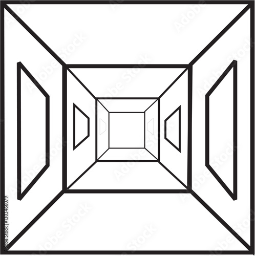 Transparent 3d perspective cube frame with black outline, minimalist vector graphic