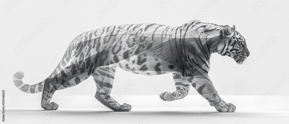 A geometric depiction of a tiger captures its motion with intricate shading. A geometric depiction of a tiger captures its motion with intricate shading.