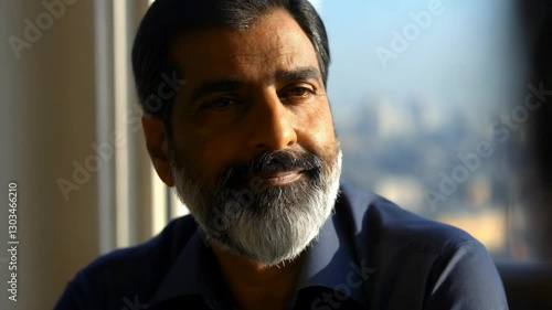 A thoughtful South Asian man shares insights while gazing at the skyline from a high-rise window during a sunny afternoon