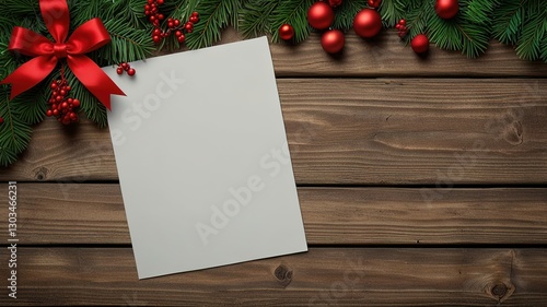 Greeting card christmas mockup with fir tree branches on dark wooden background