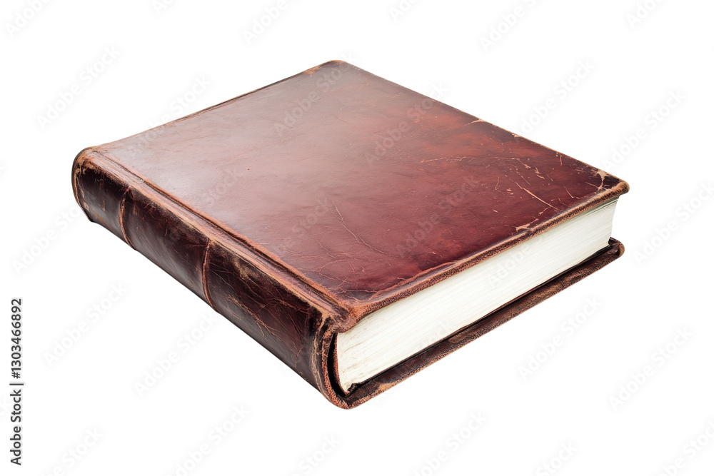 A rustic leather-bound book resting on a clean surface, evoking nostalgia and timelessness isolated on transparent background A rustic leather-bound book resting on a clean surface, evoking nostalgia and timelessness isolated on transparent background