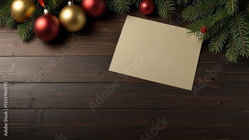 Greeting card christmas mockup with fir tree branches on dark wooden background