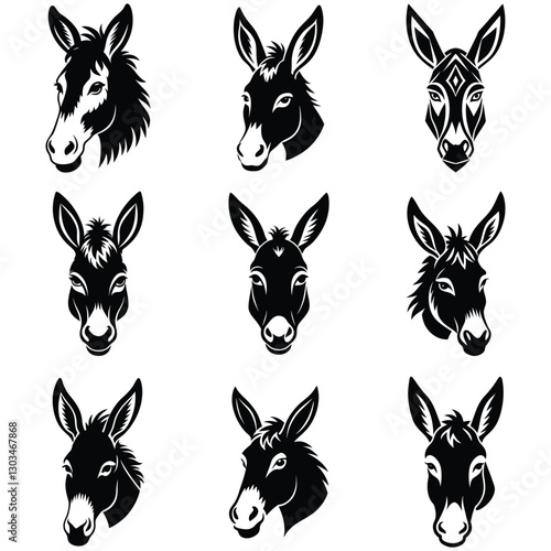 Funny donkey portrait. Vector illustration set