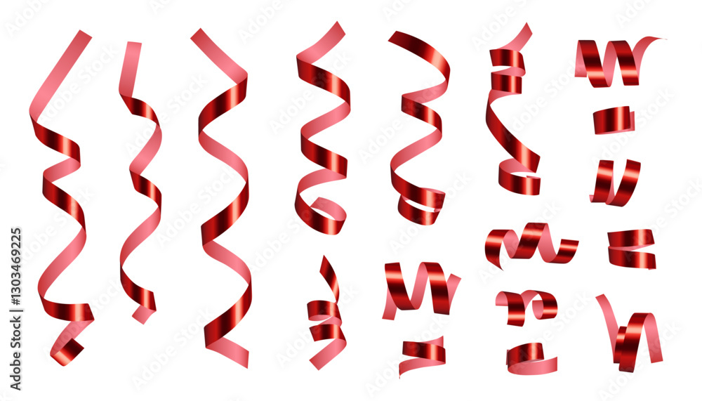 Set of red glossy shiny gradient twisted ribbons