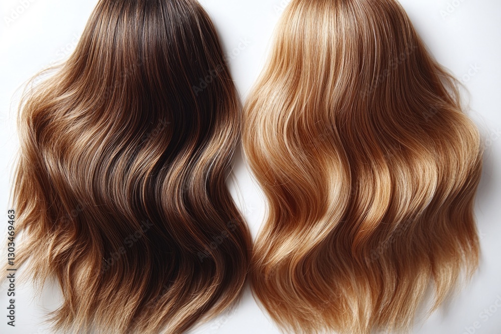A close-up shot of two different colored hairs lying on a white surface A close-up shot of two different colored hairs lying on a white surface