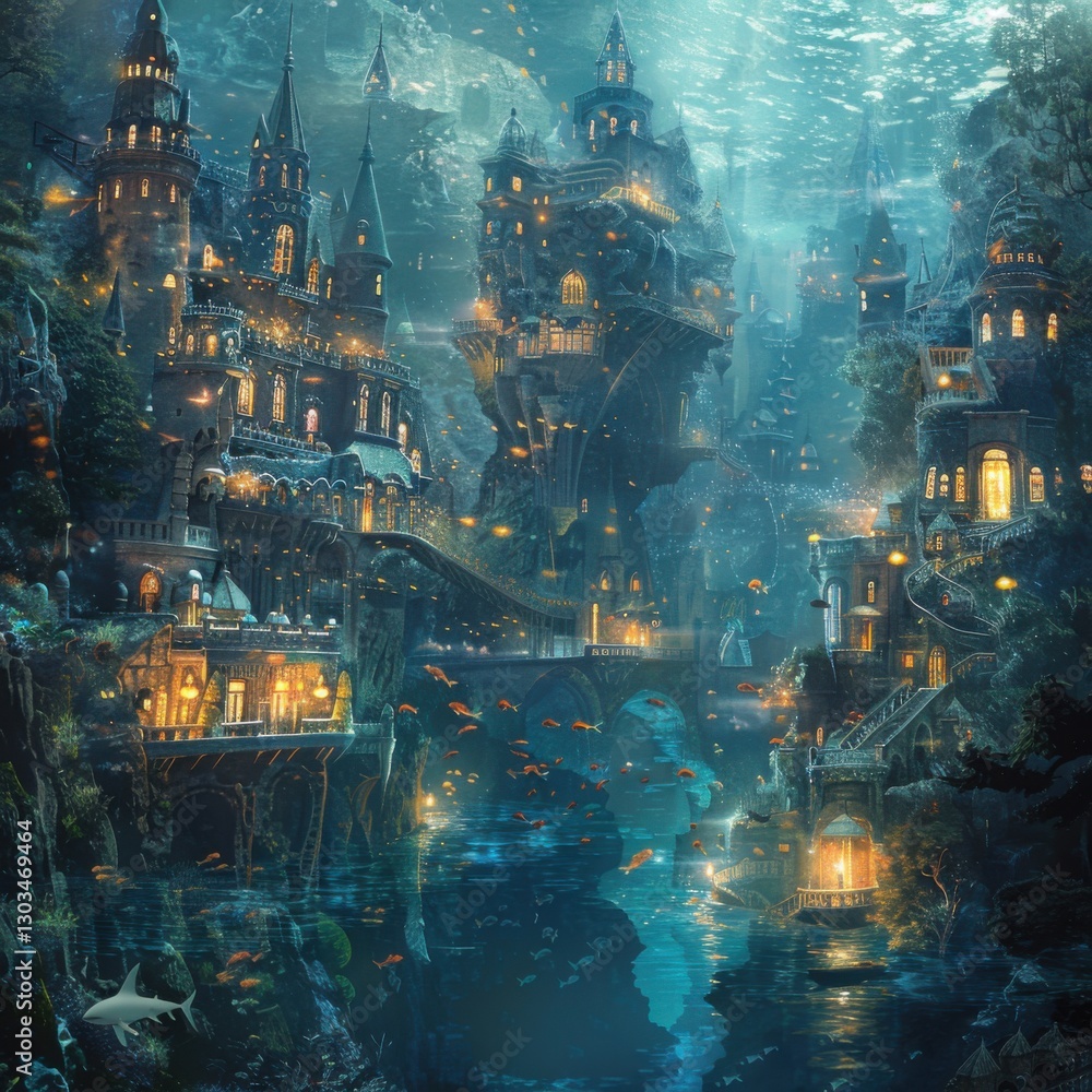 Fototapeta premium Mystical Underwater City with Enchanted Buildings and Marine Life