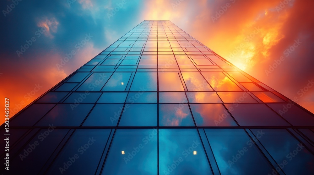 Modern Glass Skyscraper at Sunset: A Symphony of Colors and Architecture Modern Glass Skyscraper at Sunset: A Symphony of Colors and Architecture