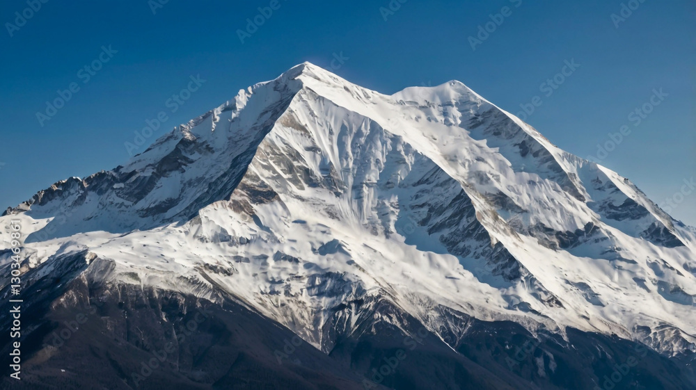 snow-covered mountain with its white peaks against a backdrop of a clear blue sky, with its majestic peaks, winding streams, and overwhelming sense of wonder evoked by these lofty realms snow-covered mountain with its white peaks against a backdrop of a clear blue sky, with its majestic peaks, winding streams, and overwhelming sense of wonder evoked by these lofty realms