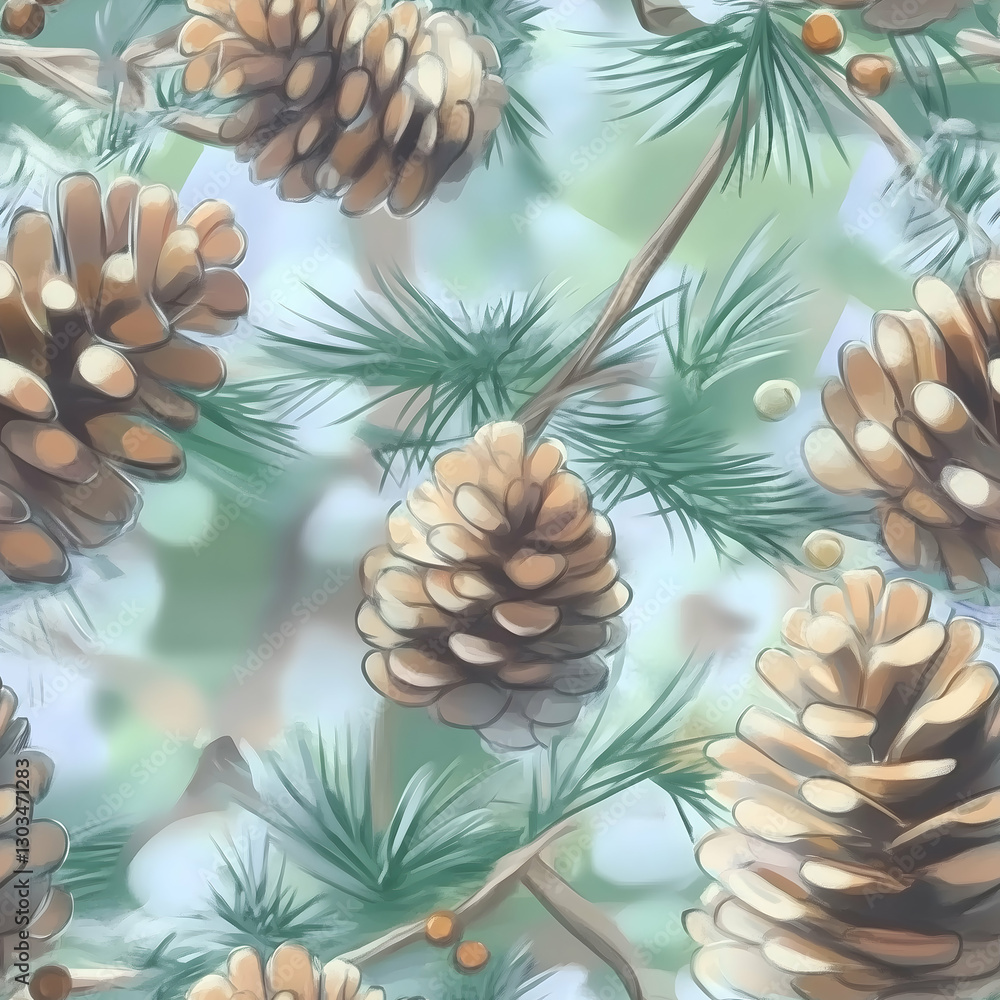 Obraz premium Pine cones gracefully scattered on evergreen branches under soft sunlight in a serene natural setting. Seamless pattern. Generative AI