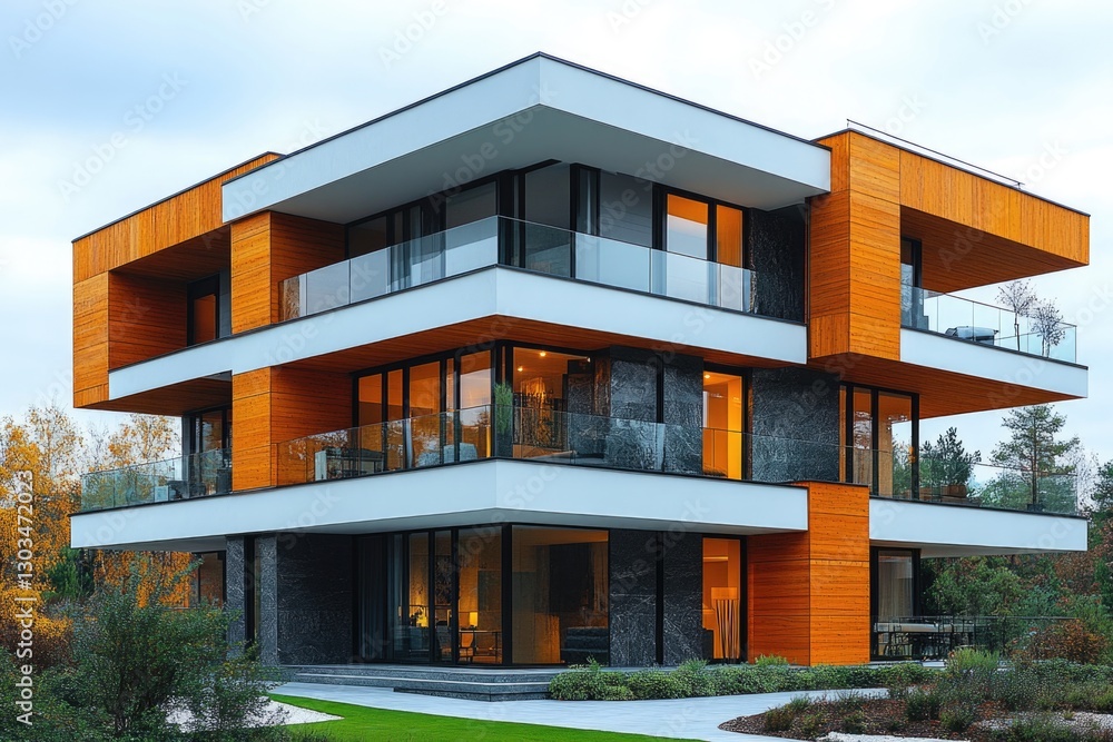 A modern house with many windows and balconies, ideal for an architecture or real estate image A modern house with many windows and balconies, ideal for an architecture or real estate image