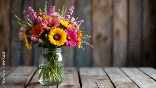 Wallpaper Mural Vibrant bouquet of colorful flowers in a glass jar on rustic wood surface with a warm, natural background Torontodigital.ca
