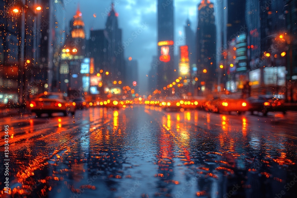 A busy city street at night with rain and traffic lights A busy city street at night with rain and traffic lights